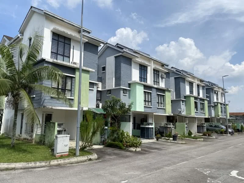 Exterior type: linked terrace house; features: two-storey building, grey and white painted facade, green accent walls, balconies on upper floors, manicured lawn, palm trees, driveway with interlocking pavers, visible parking spaces, street lighting, surrounded by greenery; style: modern.