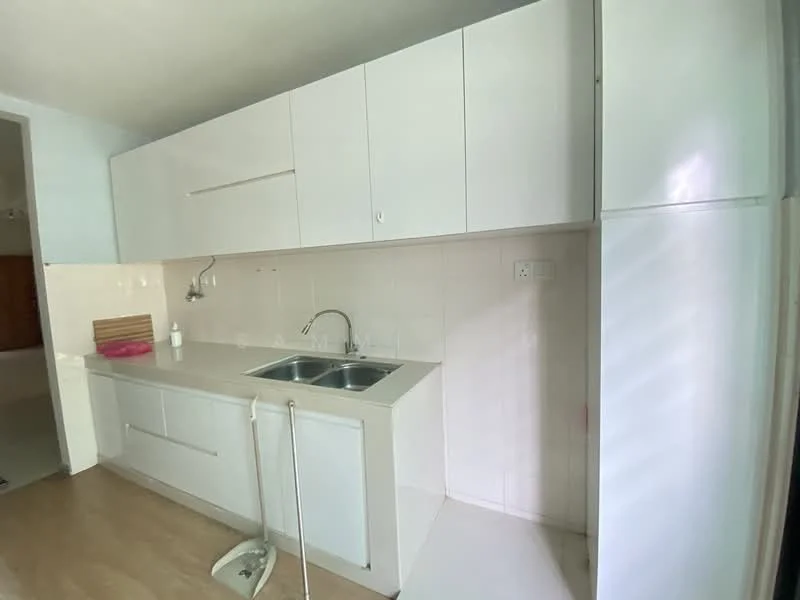 Kitchen features: white cabinetry, double-bowl stainless-steel sink, chrome pull-down faucet, white countertop, white tiled backsplash, built-in refrigerator, laminate flooring, wall-mounted cabinets; style: modern.