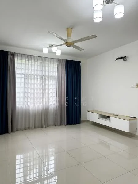 Living features: white painted walls, glossy tile flooring, 5-blade ceiling fan with light, recessed LED downlights, floor-to-ceiling windows, sheer curtains, dark blue curtains, wall-mounted TV console; style: modern.