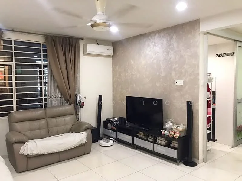 Living features: 3-seater leather sofa in beige, coffee table, wall-mounted TV, TV console in black, white tiled flooring, air conditioning unit, ceiling fan, curtains in brown, decorative items on TV console, wall with textured finish, windows with horizontal slats; style: modern.