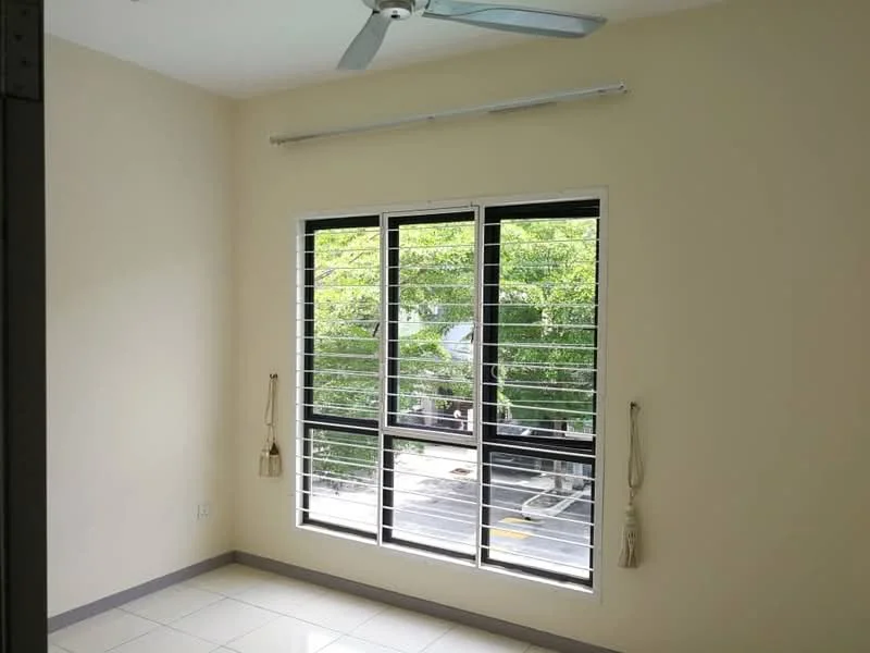 Room features: light beige painted walls, white tiled flooring, 5-blade ceiling fan, large sliding windows with horizontal slats, window treatments with pull cords, view of greenery outside, corner of the room visible, no visible furniture; style: modern; view: garden.