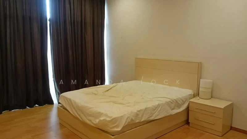 Bedroom features: queen-size bed, light wood bed frame, white bedding, two bedside tables, white lamp on bedside table, dark brown curtains, wooden flooring, plain white walls; style: minimalist.