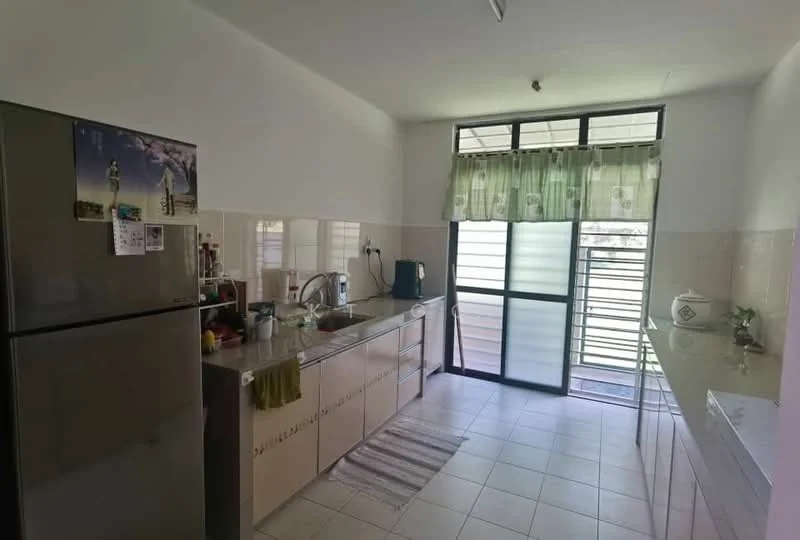 Kitchen features: stainless-steel fridge, single-bowl stainless-steel sink, chrome pull-down faucet, laminate countertop, white cabinetry, tile backsplash, window with sheer curtains, floor-to-ceiling sliding glass door, ceramic tile flooring, recessed lighting, kitchen rug; style: modern.