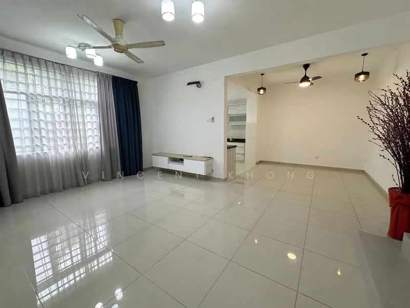 Living features: white painted walls, grey tiled flooring, 5-blade ceiling fan with light, recessed LED downlights, floor-to-ceiling windows with sheer curtains, TV console, decorative plant in red pot, open layout to kitchen area; style: modern.