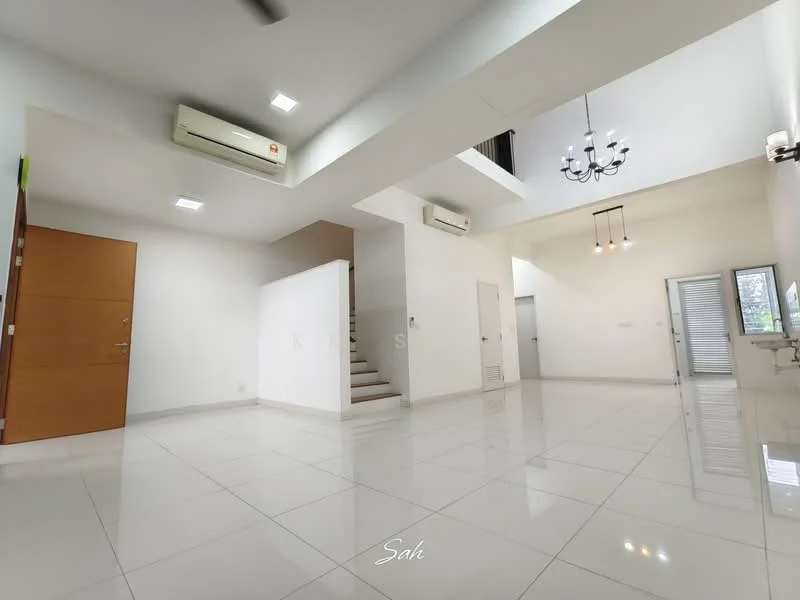 Living features: white painted walls, polished ceramic tile flooring, recessed downlights, 5-blade ceiling fan, chandelier, floor-to-ceiling windows, sliding glass door, staircase, air conditioning unit, open layout; style: modern.