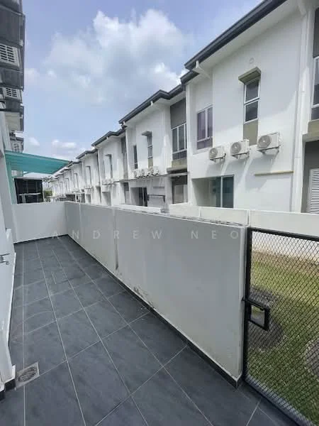 Exterior type: linked terrace house; features: white painted facade, 2-storey, multiple wall-mounted split AC units, grey tiled flooring, fenced area, manicured lawn, surrounded by greenery; style: modern.