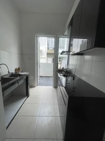 Kitchen features: single-bowl stainless-steel sink, chrome pull-down faucet, black cabinetry, white tiled backsplash, white tiled walls, ceramic tile flooring, window with view to outdoor area, countertop space, built-in stove, open layout, door leading to outdoor area; style: modern.