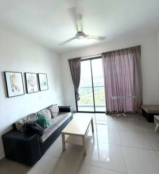 Living features: 3-seater fabric sofa in beige, coffee table, floor-to-ceiling windows, curtains in light grey, ceiling fan with light, wall-mounted artwork, tile flooring in cream, neutral wall colour; style: modern; view: city.
