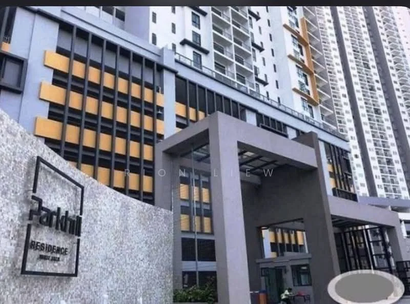Exterior type: high-rise condominium; features: glass curtain wall, grey painted facade, yellow accent panels, stone cladding at entrance, modern architectural design, double-volume main lobby, landscaped entrance area, visible security access, surrounded by urban environment; style: modern.