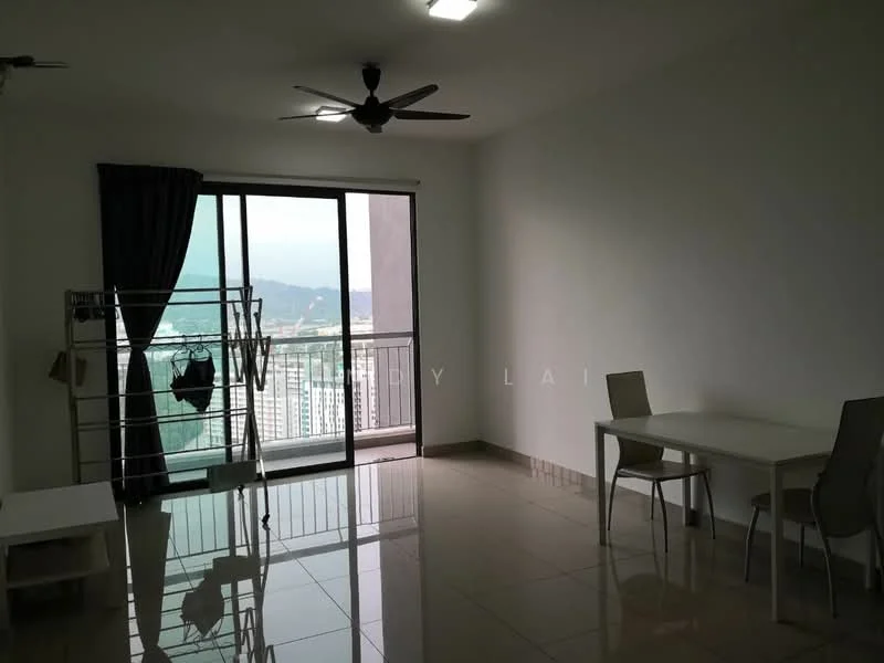 Living features: floor-to-ceiling windows, sliding glass door, grey walls, white ceiling, recessed downlights, 2-blade ceiling fan, glossy tile flooring, dining table for 4, 4 dining chairs, clothes drying rack, balcony view; style: modern; view: city.