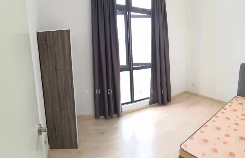 Room features: light wood flooring, white painted walls, floor-to-ceiling window, grey curtains, single wardrobe, mattress on bed frame; style: modern.