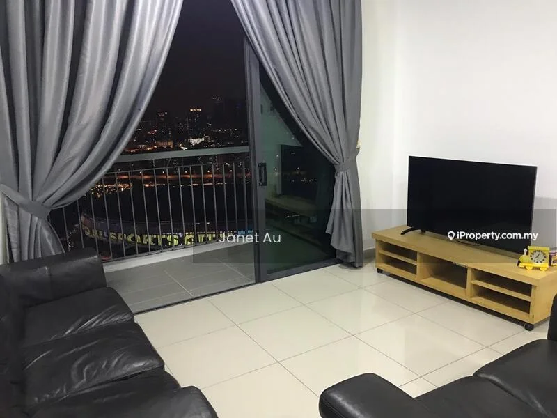 Living features: black leather 3-seater sofa, black leather 2-seater sofa, flat-screen TV on wooden console, large glass sliding door, floor-to-ceiling windows, grey curtains, white painted walls, glossy white tile flooring; style: modern; view: city.