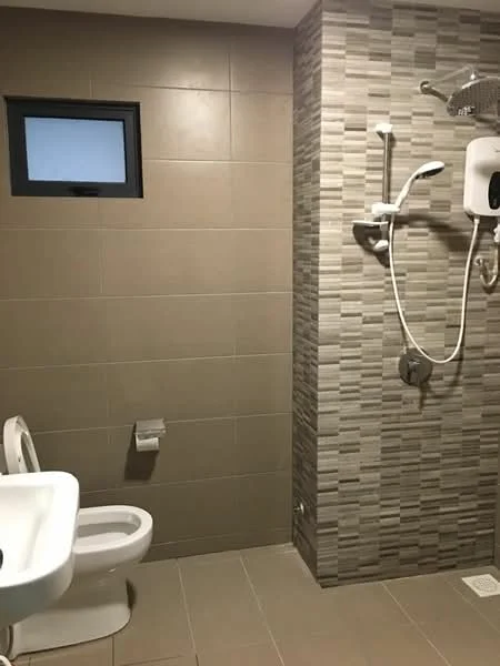 Bathroom features: one-piece toilet, wall-mounted basin, chrome basin mixer, walk-in shower with glass enclosure, rain shower head, handheld shower, tile cladding with textured design, light brown wall tiles, light grey floor tiles, small window, toilet paper holder; style: modern.