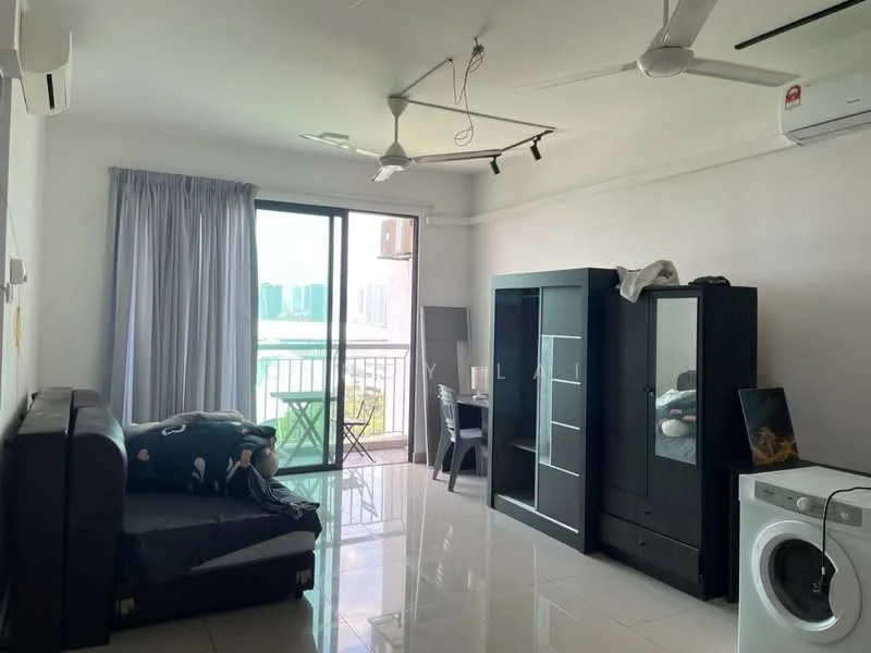 Living features: floor-to-ceiling windows, sliding glass door, grey curtains, white painted walls, polished ceramic tile flooring, 5-blade ceiling fan with light, black storage cabinet, white washing machine, black sofa, small dining table, chair; style: modern; view: city.