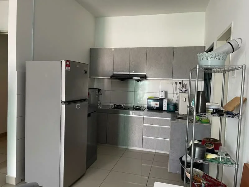 Kitchen features: grey cabinetry, stainless-steel fridge, built-in oven, freestanding microwave, stainless-steel sink, chrome pull-down faucet, ceramic tile flooring, wall-mounted range hood, countertop with space for appliances, open shelving, kitchen utensils on countertop; style: modern.