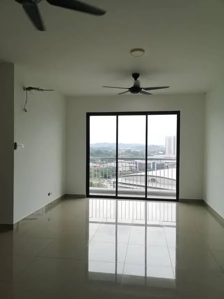 Living features: white painted walls, polished ceramic tile flooring, 5-blade ceiling fan, floor-to-ceiling windows, sliding glass door, balcony access, city view, recessed ceiling light; style: modern; view: city.