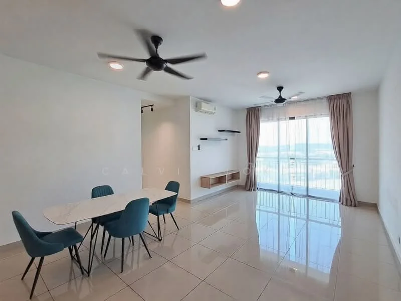 Living features: white painted walls, glossy tile flooring, 5-blade ceiling fan with light, floor-to-ceiling windows, sheer curtains, dining table with white surface, 4 upholstered dining chairs in blue, wall-mounted shelf, air conditioning unit; style: modern; view: city.