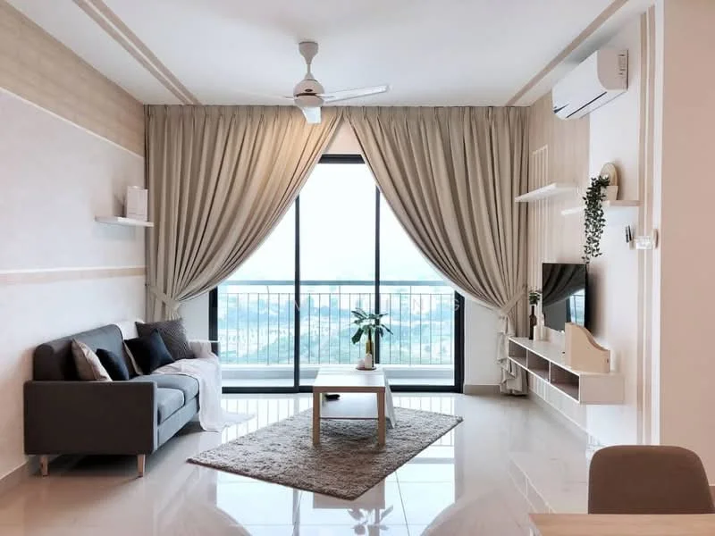 Living features: 3-seater fabric sofa in grey, decorative cushions in various colors, area rug with neutral tones, white coffee table, wall-mounted TV, TV console with storage, floor-to-ceiling windows, sheer curtains, ceiling fan with light, marble tile flooring, decorative plant in ceramic pot, wall-mounted shelves; style: modern; view: city.