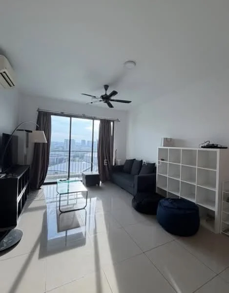 Living features: floor-to-ceiling windows, sliding glass door, grey fabric sofa, coffee table, TV console, wall-mounted TV, ceiling fan, white painted walls, glossy tile flooring, curtains, bean bag chair, open shelving unit; style: modern; view: city.