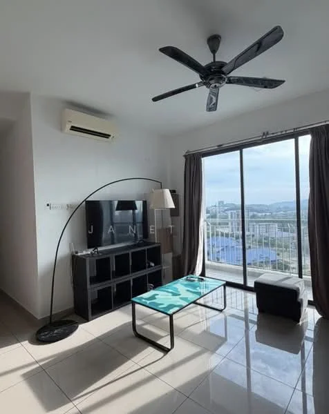 Living features: 5-blade ceiling fan with light, wall-mounted split AC, floor-to-ceiling windows, sliding glass door, grey tiled flooring, black TV console, black floor lamp, coffee table with blue and white pattern, white ottoman, curtains, city view; style: modern; view: city.