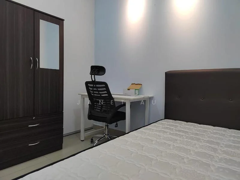 Bedroom features: queen-size bed with upholstered headboard, dark wood wardrobe with mirrored door, white desk with chair, desk lamp, light blue painted walls, tile flooring, recessed downlights, drawers in wardrobe, minimalist decor; style: modern.