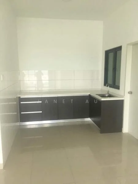 Kitchen features: white tiled walls, grey laminate cabinetry, stainless-steel sink, chrome faucet, white countertop, ceramic tile flooring, single window, door to hallway; style: modern.
