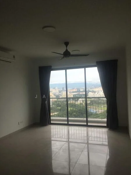 Living features: floor-to-ceiling windows, grey curtains, 5-blade ceiling fan, white painted walls, polished tile flooring, city view, air conditioning unit; style: modern; view: city.
