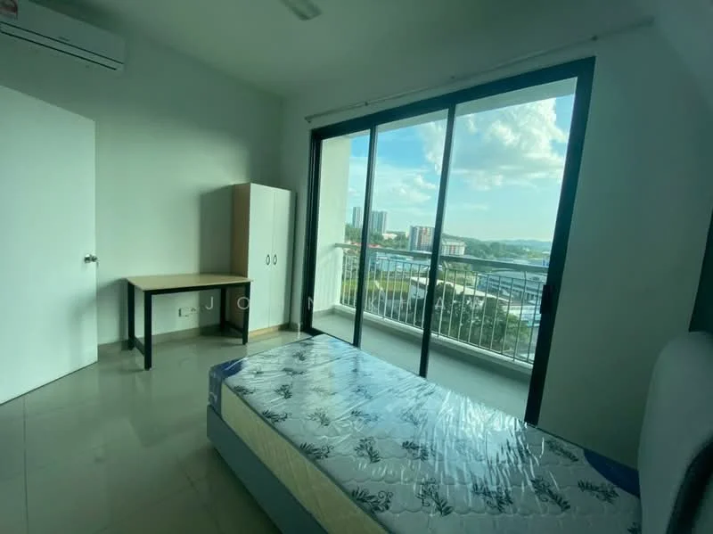 Bedroom features: single bed with mattress, floor-to-ceiling windows, sliding glass door, view of city skyline, white painted walls, tile flooring, air conditioning unit, study desk, built-in wardrobe; style: modern; view: city.