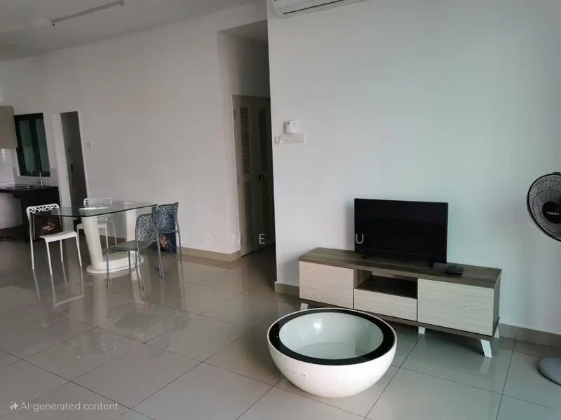 Living features: white painted walls, glossy tile flooring, ceiling-mounted air conditioning unit, wall-mounted TV, wooden TV console, round coffee table, 3-seater sofa, floor fan, decorative bowl, open layout, natural light from windows, dining area visible in background; style: modern.