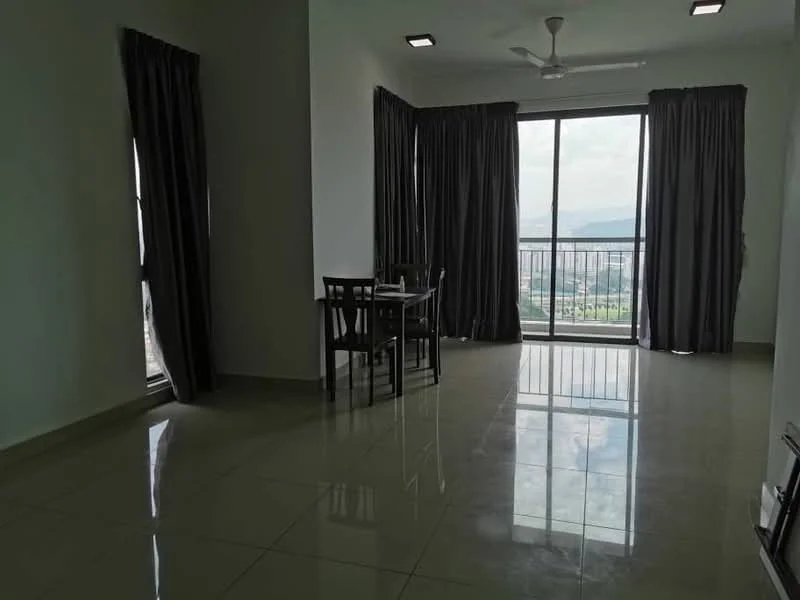 Living features: floor-to-ceiling windows, sliding glass door, grey curtains, 4-blade ceiling fan, polished ceramic tile flooring, dining table with chairs, city view, white painted walls, recessed downlights; style: modern; view: city.