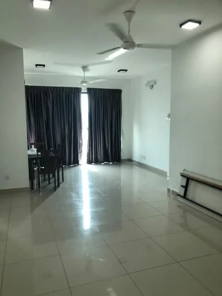Living features: white painted walls, glossy ceramic tile flooring, recessed LED downlights, 2 ceiling fans, floor-to-ceiling windows with sheer curtains, dining table with chairs, neutral color scheme, open layout; style: modern.