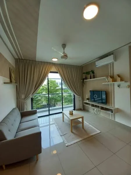 Living features: 3-seater fabric sofa in grey, coffee table, wall-mounted TV, TV console, floor-to-ceiling sliding glass door, sheer curtains, ceiling fan, recessed downlights, light-colored walls, glossy tile flooring, decorative wall shelf, area rug; style: modern; view: garden.