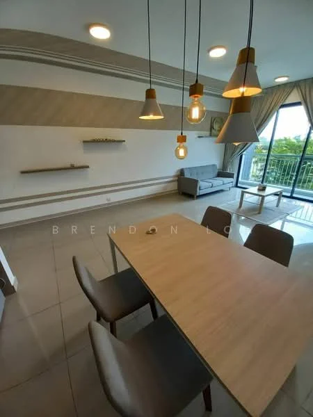 Dining features: light wood dining table, 4 dining chairs with grey upholstery, pendant lighting fixtures, large floor-to-ceiling window, grey fabric sofa, wall-mounted shelf, cream painted walls, tile flooring, curtains, decorative wall paneling; style: modern; view: garden.