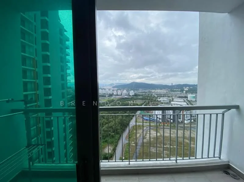 Room features: balcony, metal railing, floor tiles, city view, green glass panel, concrete wall, outdoor space; style: modern; view: city.
