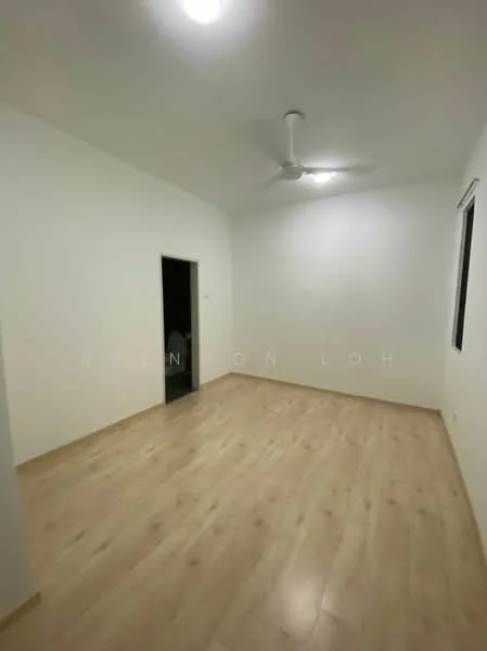 Room features: white painted walls, laminate flooring, ceiling fan, single window, doorway leading to another room, recessed ceiling lights; style: modern.