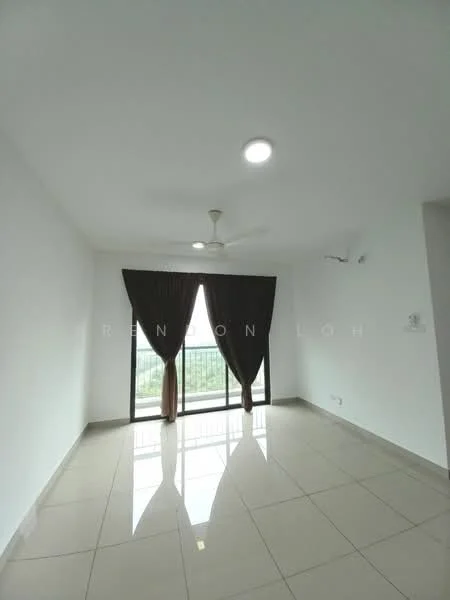 Room features: white painted walls, glossy ceramic tile flooring, 5-blade ceiling fan with light, floor-to-ceiling windows, sheer curtains, blackout curtains, recessed downlights; style: modern; view: city.