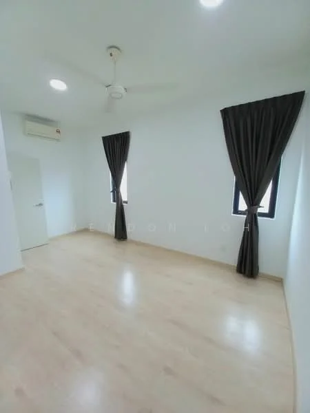Room features: light wood laminate flooring, white painted walls, ceiling fan, 2 windows with black curtains, air conditioning unit, plain door, no visible furniture; style: modern.
