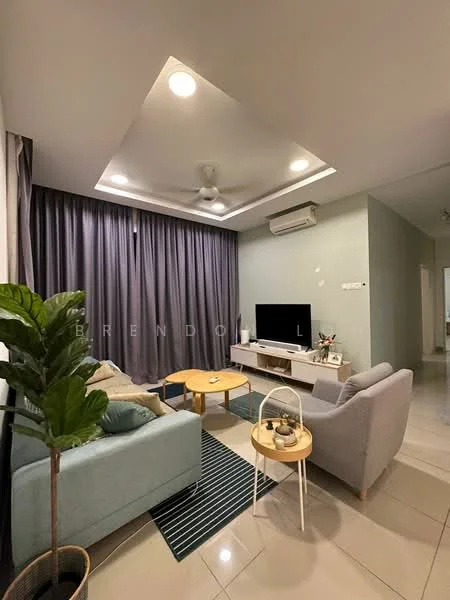 Living features: 5-blade ceiling fan with light, recessed downlights, grey curtains, light green painted walls, white tiled flooring, sofa in light grey fabric, armchair in light blue fabric, wooden coffee table, side table with decorative items, TV console with wall-mounted TV, decorative plant in pot, area rug with striped pattern; style: modern.