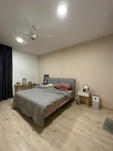 Bedroom features: king-size bed with grey upholstered headboard, grey bedding, wooden flooring, white walls, black curtains, ceiling fan, nightstand with decorative items, small white bedside table, wall-mounted artwork, table lamp, air purifier; style: modern.