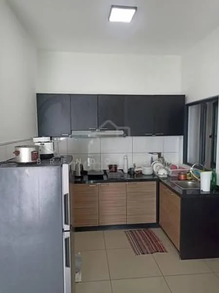 Kitchen features: black upper cabinets, wood lower cabinets, white tiled backsplash, stainless-steel sink, chrome pull-down faucet, built-in stove, refrigerator, countertop, kitchen utensils, dish rack, floor tiles, window, strip lighting; style: modern.
