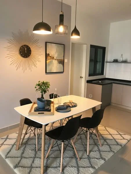 Dining features: white dining table with wooden legs, 4 black dining chairs, decorative wall clock, framed artwork on wall, pendant lighting fixtures, textured area rug, grey painted walls, kitchen countertop visible in background, black cabinetry in background; style: modern.