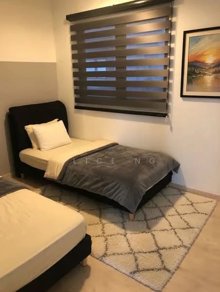 Bedroom features: single bed with black upholstered headboard, white bedding, grey throw blanket, area rug with geometric pattern, striped roller blinds, framed artwork on wall, light wood flooring, white painted walls; style: modern.