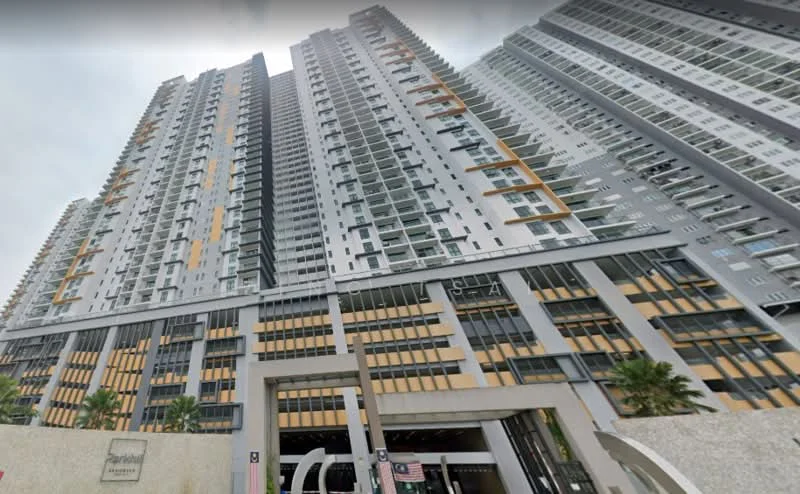 Exterior type: high-rise condominium; features: glass curtain wall, grey and yellow facade, recessed balconies, multiple storeys, main entrance with archway, palm trees in landscaping, surrounded by urban environment; style: modern.