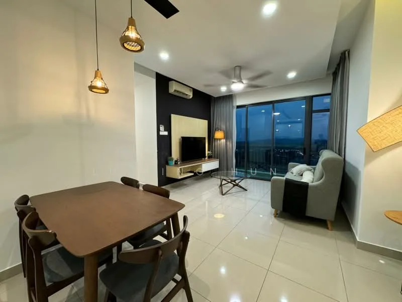 Living features: grey fabric armchair, wooden dining table, 4 wooden dining chairs, wall-mounted TV, light wood TV console, pendant lighting, recessed downlights, floor-to-ceiling windows, curtains, white painted walls, glossy tile flooring, ceiling fan; style: modern; view: city.