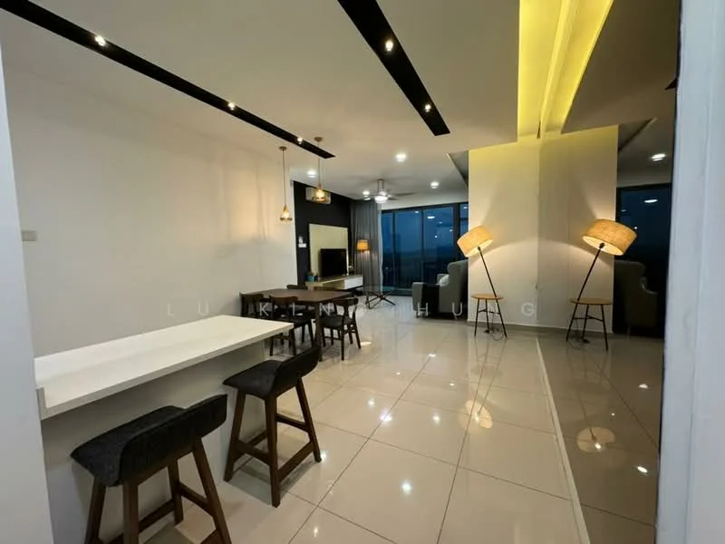 Living features: white painted walls, glossy tile flooring, recessed downlights, 2 floor lamps, ceiling fan, TV console, wall-mounted TV, sofa set, dining table with chairs, open layout, large windows with city view; style: modern; view: city.