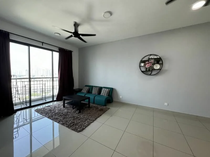 Living features: grey painted walls, glossy tile flooring, 5-blade ceiling fan, sofa in teal, coffee table, area rug with neutral color, floor-to-ceiling sliding glass door, curtains in dark brown, decorative wall-mounted shelf, city skyline view; style: modern; view: city.