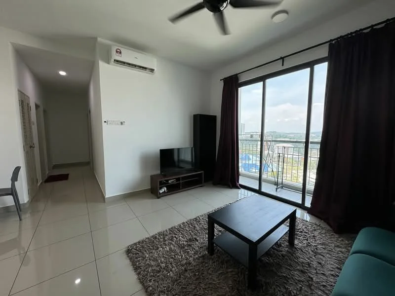 Living features: grey area rug, 3-seater black TV console, wall-mounted TV, floor-to-ceiling sliding glass door, black curtains, white painted walls, ceramic tile flooring, 1 wall-mounted split AC, ceiling fan with light, coffee table; style: modern; view: city. Room features: white painted walls, ceramic tile flooring, doorway leading to hallway.