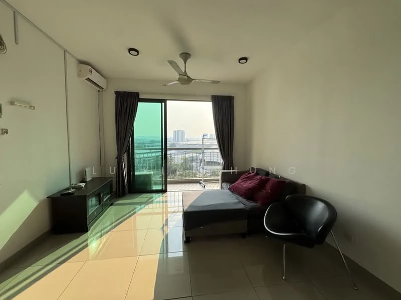 Living features: floor-to-ceiling windows, sliding glass door, grey walls, cream tiled flooring, 5-blade ceiling fan, black leather chair, sofa with red cushions, TV console, curtains, city view; style: modern; view: city.