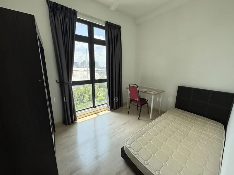 Bedroom features: single bed frame, mattress, study desk, chair with red upholstery, floor-to-ceiling window, grey curtains, light wood flooring, white painted walls, built-in wardrobe; style: modern; view: city.