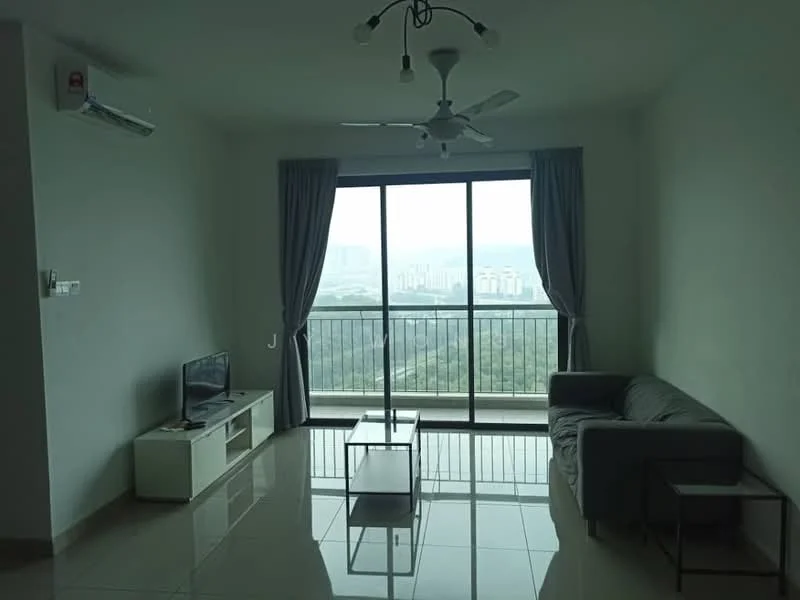 Living features: floor-to-ceiling windows, grey fabric sofa, coffee table, TV console, wall-mounted TV, 3-blade ceiling fan, wall-mounted split AC, light grey painted walls, glossy tile flooring, curtains, city view; style: modern; view: city.